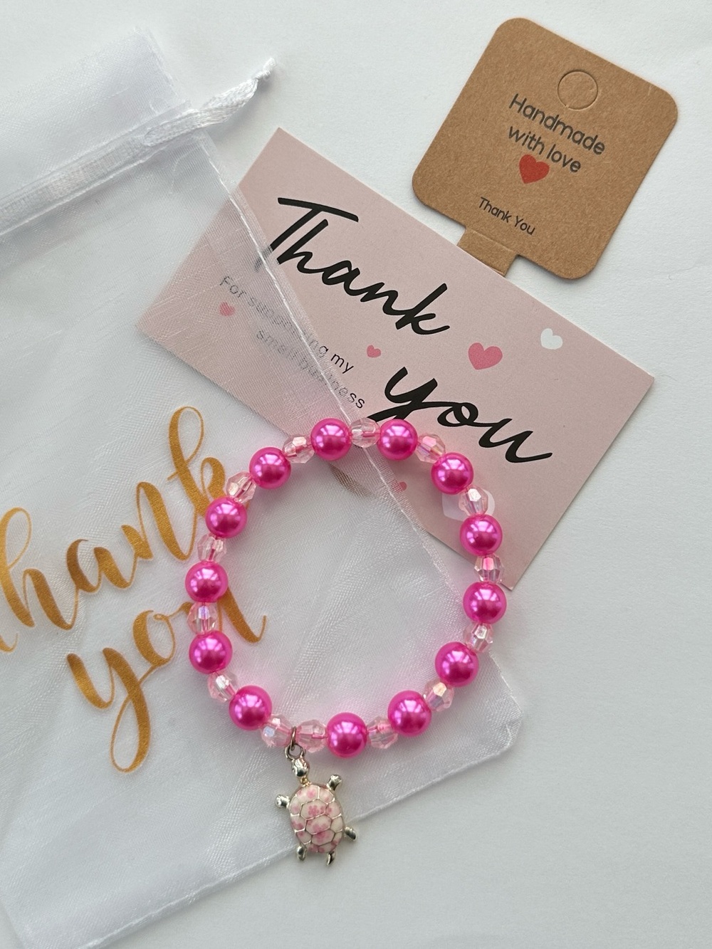Hand made Hot Pink Pearl Bead Turtle Charm Bracelet